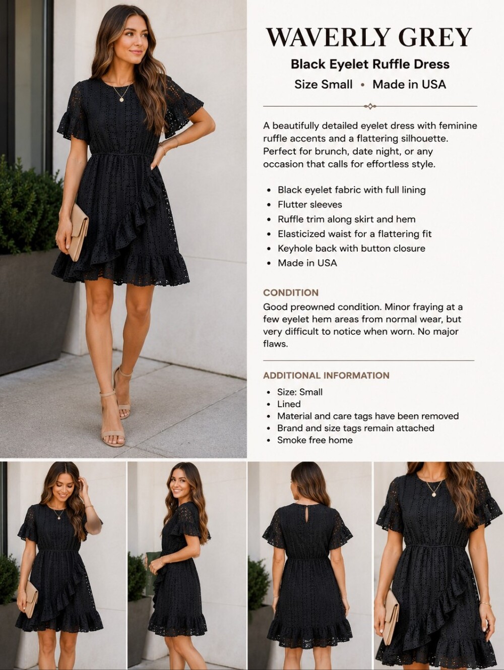 TitleWaverly Grey Black Eyelet Ruffle Dress Size Small Lined Made in USA